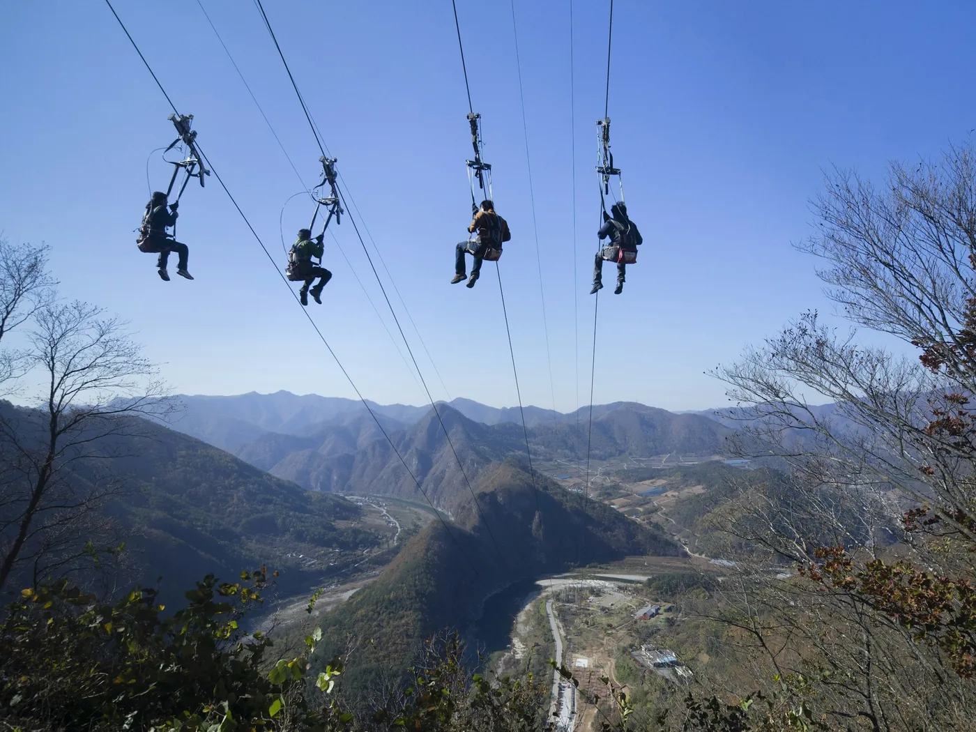 A zipline cable stretching across a misty forest valley
